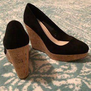 Black suede wedges with brown heel